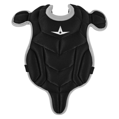 The All Star Future Star Catcher’s Chest Protector (CP-FS) by All Star is a black padded chest protector with gray edges and a white star logo at the top center. Designed for sports or martial arts safety, this garment features protective shoulder caps and provides wide coverage for both shoulders and the lower body—making it ideal for starting catchers or anyone seeking superior protection.