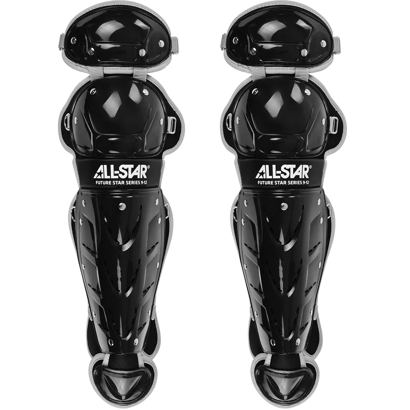 A pair of black All Star Future Star Series catcher's shin guards with silver rivets, part of the youth CK-FS2 kit, designed for leg protection during games and shown against a white background.
