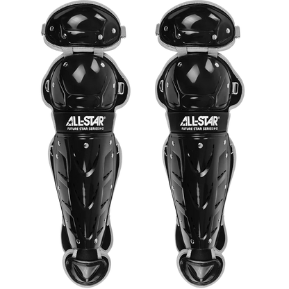 A pair of black All Star Future Star Series catcher's shin guards with silver rivets, part of the youth CK-FS2 kit, designed for leg protection during games and shown against a white background.