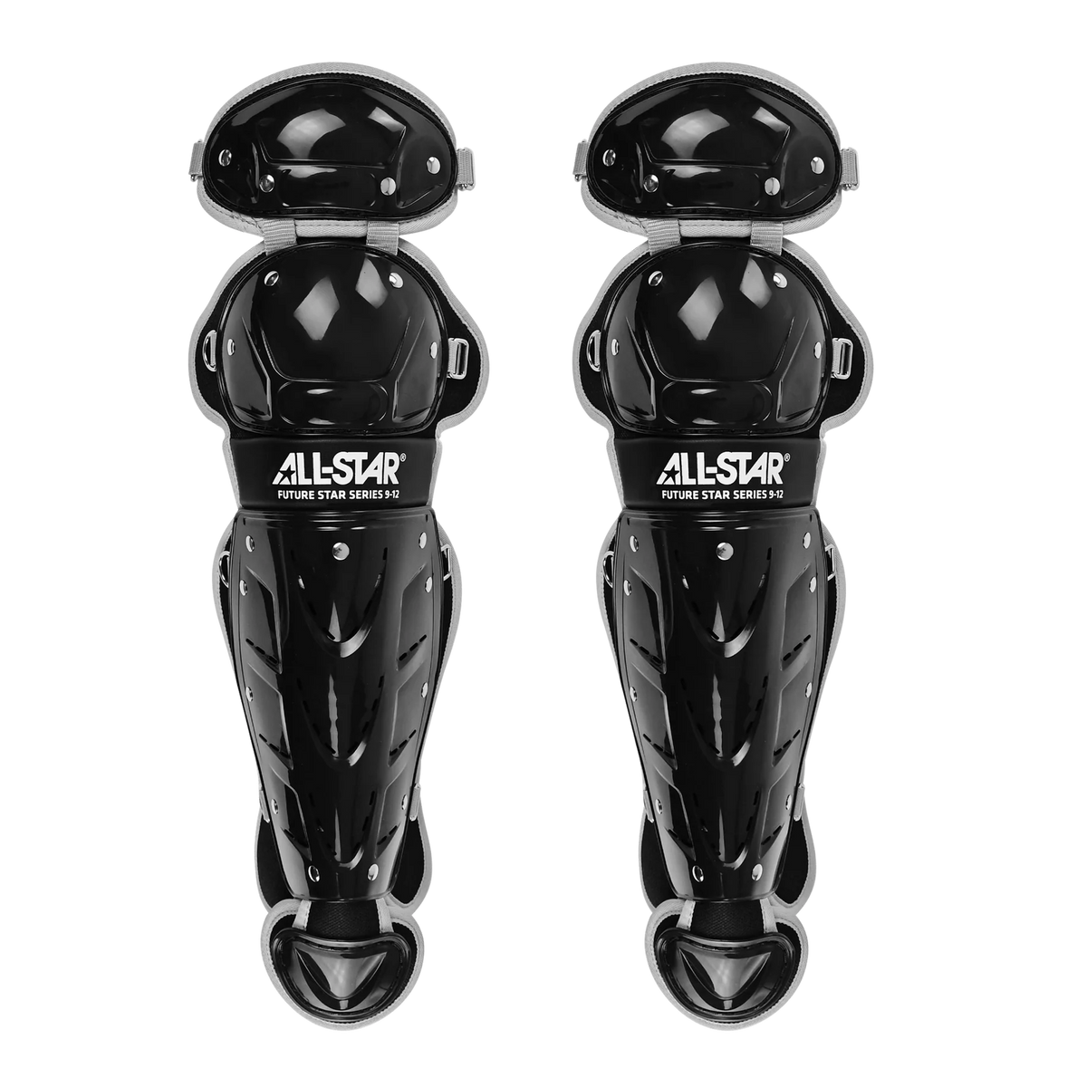 A pair of All Star Future Star Catcher’s Leg Guards: LG-FS in black, designed for youth baseball with double-knee protection and enhanced knee and ankle safety features, providing optimal sports safety.