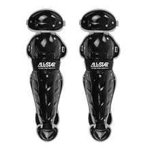 A pair of All Star Future Star Catcher’s Leg Guards: LG-FS in black, designed for youth baseball with double-knee protection and enhanced knee and ankle safety features, providing optimal sports safety.