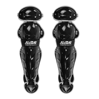 A pair of All Star Future Star Catcher’s Leg Guards: LG-FS in black, designed for youth baseball with double-knee protection and enhanced knee and ankle safety features, providing optimal sports safety.