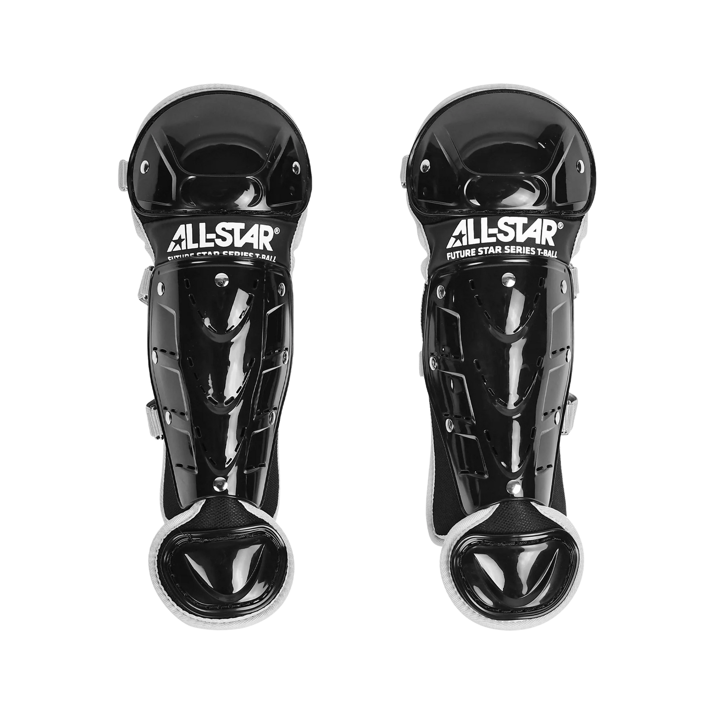 A pair of black All Star Future Star Series shin guards with white trim, part of the youth CK-FS2 catcher’s kit, displayed side by side on a white background.