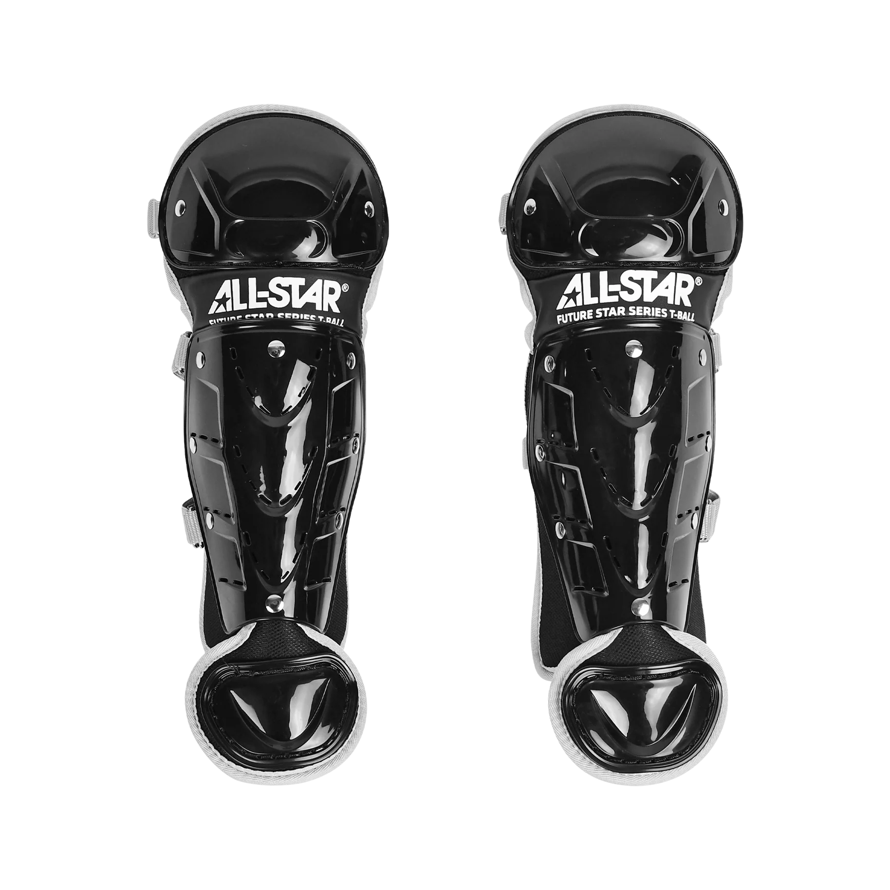 A pair of black All Star Future Star Series shin guards with white trim, part of the youth CK-FS2 catcher’s kit, displayed side by side on a white background.