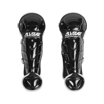 A pair of black All Star Future Star Series shin guards with white trim, part of the youth CK-FS2 catcher’s kit, displayed side by side on a white background.
