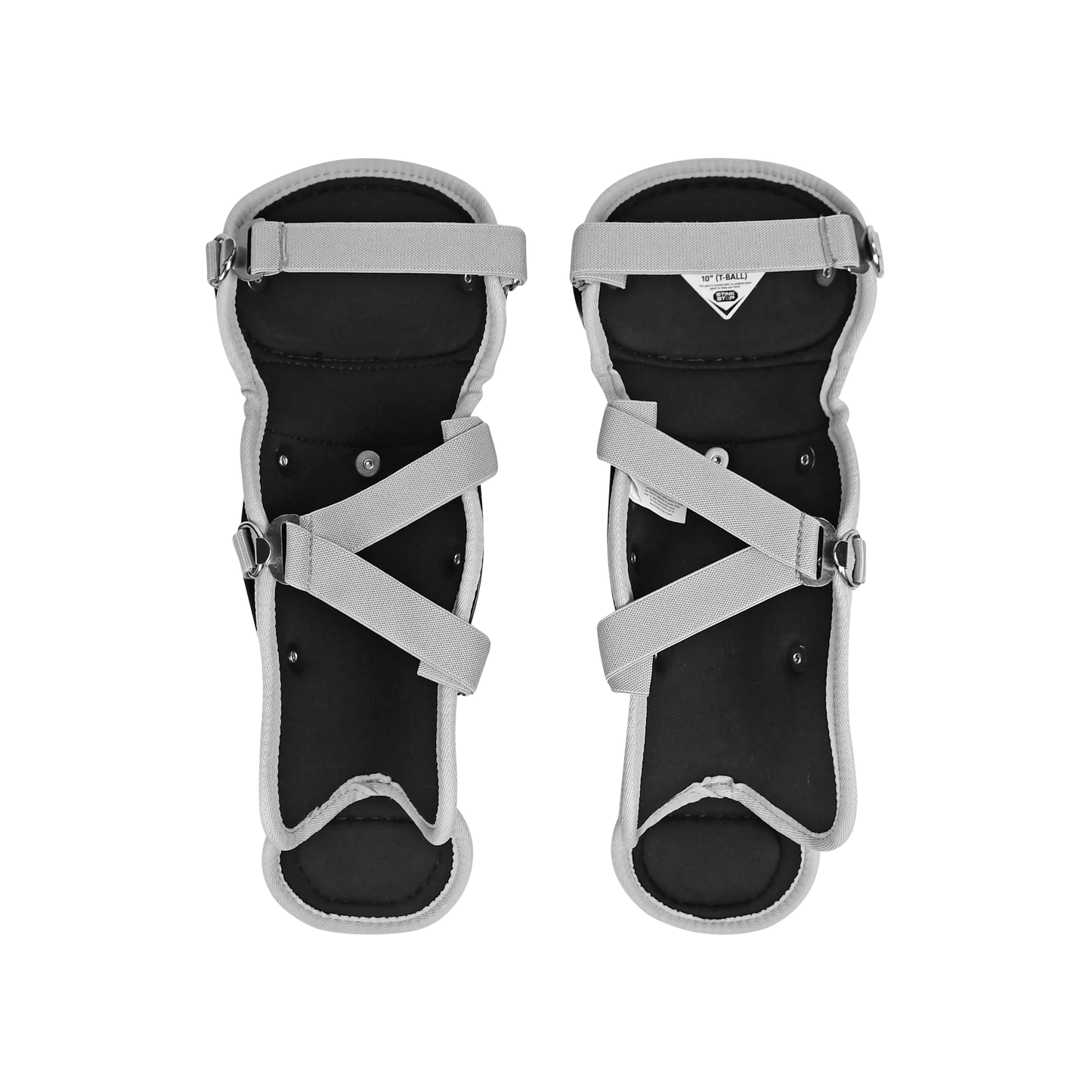 The All Star Future Star Series Catcher’s Kit (CK-FS2) by All Star features black and gray orthopedic knee braces with adjustable straps—perfect for enhancing protection and support in any youth catcher’s set.