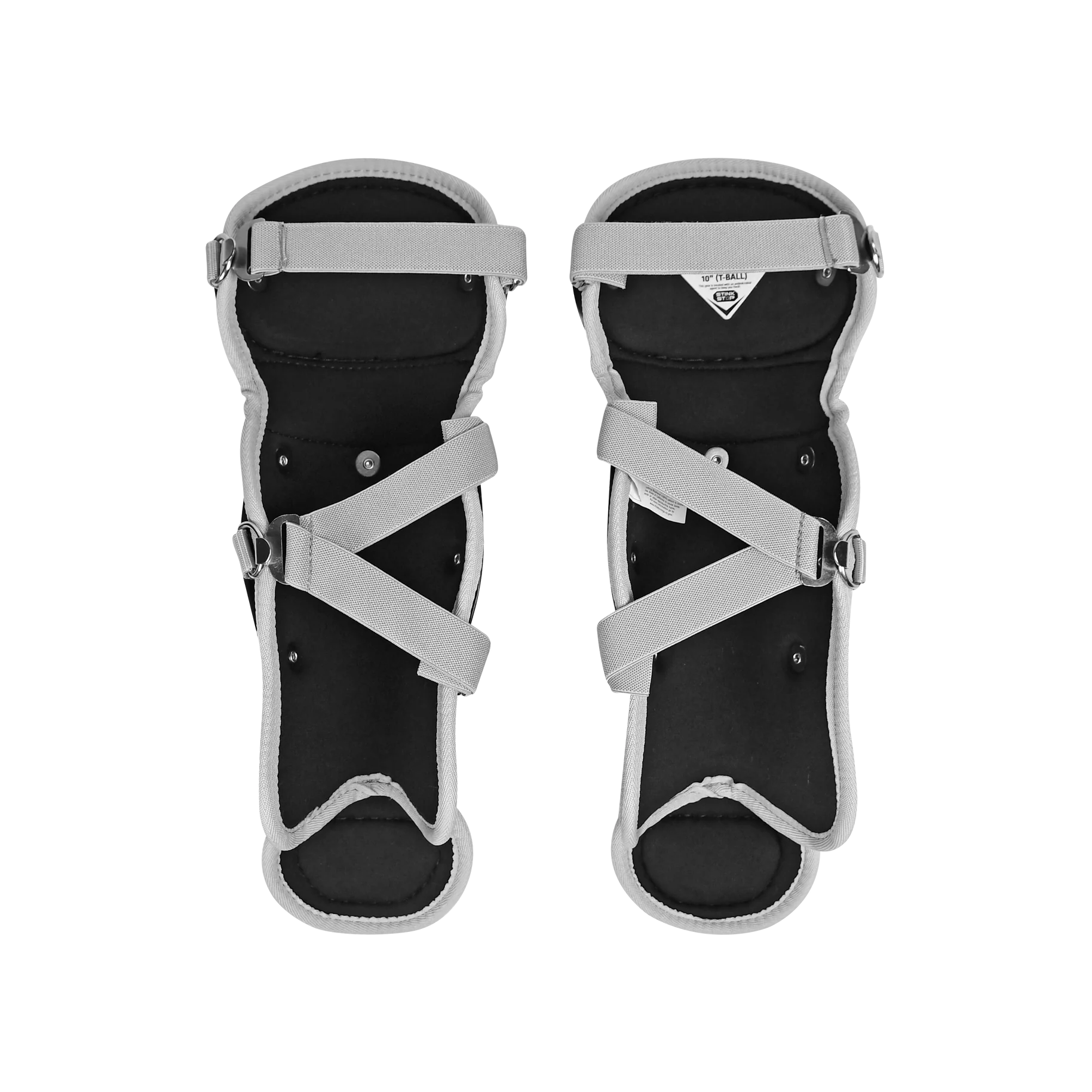 The All Star Future Star Series Catcher’s Kit (CK-FS2) by All Star features black and gray orthopedic knee braces with adjustable straps—perfect for enhancing protection and support in any youth catcher’s set.
