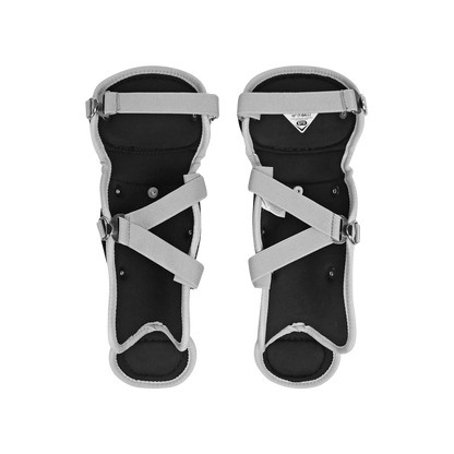 The All Star Future Star Series Catcher’s Kit (CK-FS2) by All Star features black and gray orthopedic knee braces with adjustable straps—perfect for enhancing protection and support in any youth catcher’s set.