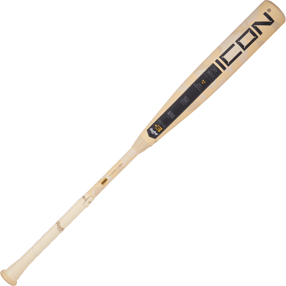 The 2025 Rawlings Icon (-3) BBCOR Baseball Bat: RB5I3 (DEMO) features a beige and black design, "ICON" near the barrel, a white grip, and detailed Rawlings branding along the handle and barrel.