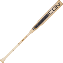 The 2025 Rawlings Icon (-3) BBCOR Baseball Bat: RB5I3 (DEMO) features a beige and black design, "ICON" near the barrel, a white grip, and detailed Rawlings branding along the handle and barrel.