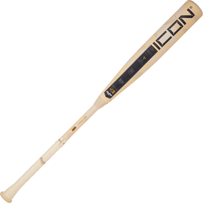 The 2025 Rawlings Icon (-3) BBCOR Baseball Bat: RB5I3 (DEMO) features a beige and black design, "ICON" near the barrel, a white grip, and detailed Rawlings branding along the handle and barrel.