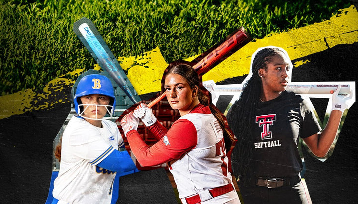Three women softball players pose with bats: the left wears blue and gold, the center wears red and white, and the right wears black with Tech Softball on her shirt, against a grassy and black textured background with a yellow streak.