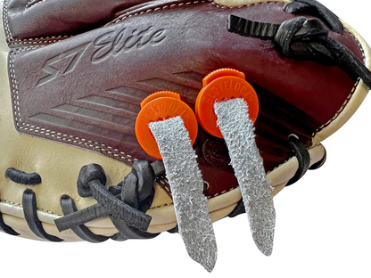 A close-up of an All Star GloveLock (4 Pack): GL-4PACK shows two orange All Star GloveLocks securing gray, textured strips on a brown and tan baseball glove to keep it tight.