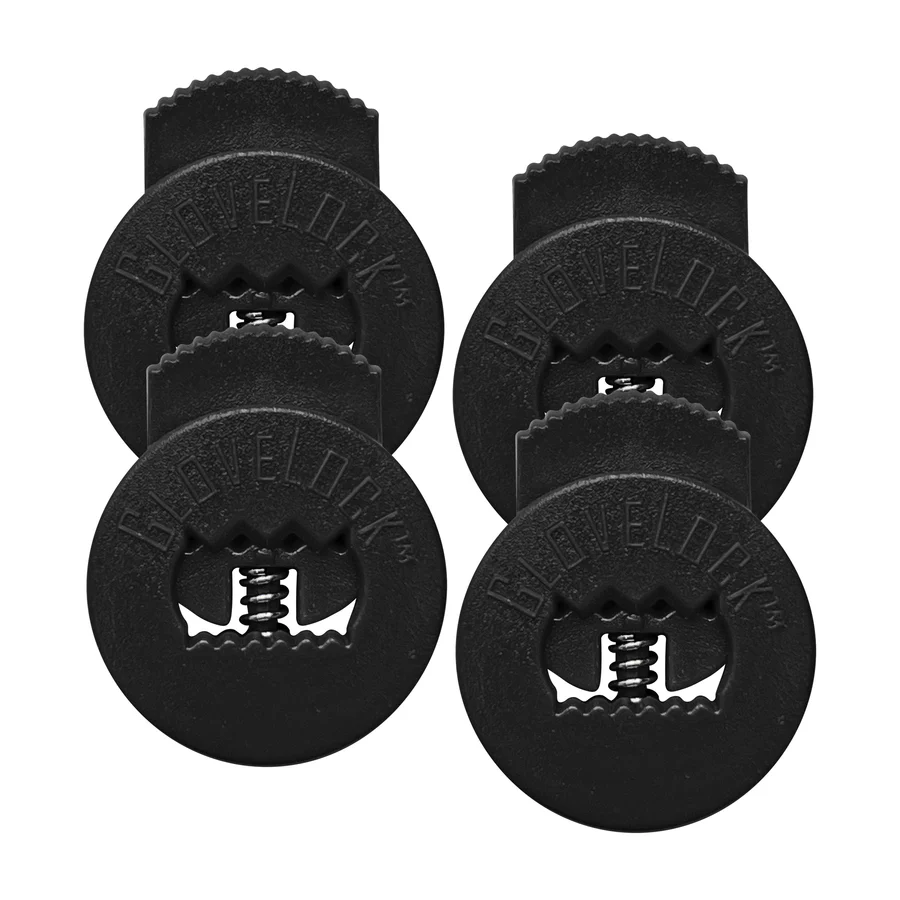 Four black circular plastic All Star GloveLock clips (4 Pack: GL-4PACK) with serrated edges and a central spring, arranged in a 2x2 grid. Each is embossed with GRIFELOR and designed to keep your glove tight like lace lockers.