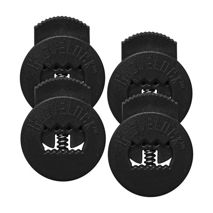 Four black circular plastic All Star GloveLock clips (4 Pack: GL-4PACK) with serrated edges and a central spring, arranged in a 2x2 grid. Each is embossed with GRIFELOR and designed to keep your glove tight like lace lockers.