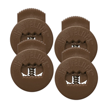 The All Star GloveLock (4 Pack) by All Star includes four brown circular plastic clips with serrated openings, visible metal springs, and "Glovelok" embossed on each. They securely tighten your glove and are arranged in a square like lace lockers.