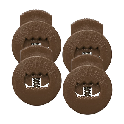 The All Star GloveLock (4 Pack) by All Star includes four brown circular plastic clips with serrated openings, visible metal springs, and "Glovelok" embossed on each. They securely tighten your glove and are arranged in a square like lace lockers.