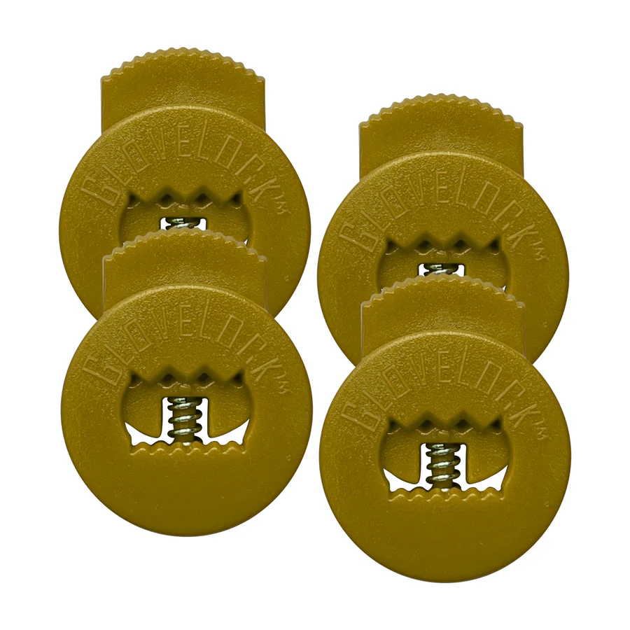 Four round, olive-green plastic All Star GloveLocks (4 Pack: GL-4PACK) with metal springs are arranged in a 2x2 grid. Each piece is embossed with "GEVELLOK" and helps keep your glove tight, working like lace lockers for secure performance.