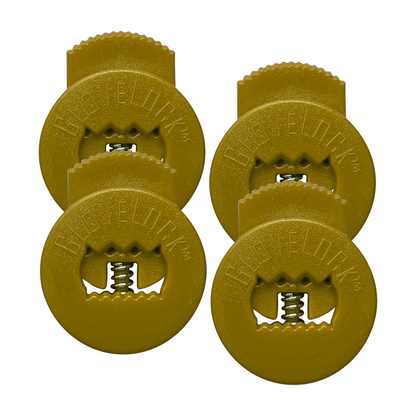 Four round, olive-green plastic All Star GloveLocks (4 Pack: GL-4PACK) with metal springs are arranged in a 2x2 grid. Each piece is embossed with "GEVELLOK" and helps keep your glove tight, working like lace lockers for secure performance.