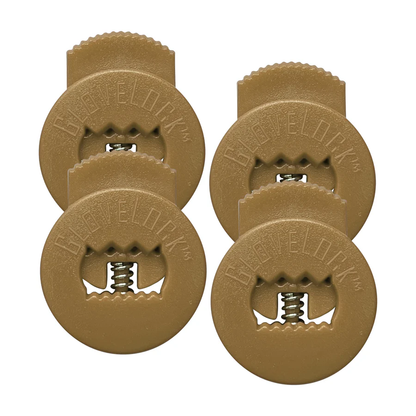 Four brown circular All Star GloveLock (4 Pack): GL-4PACK child safety locks with spring-loaded mechanisms and textured edges, arranged in a 2x2 grid. "GLOVELONK" is embossed on each lock to keep gloves tight like lace lockers.
