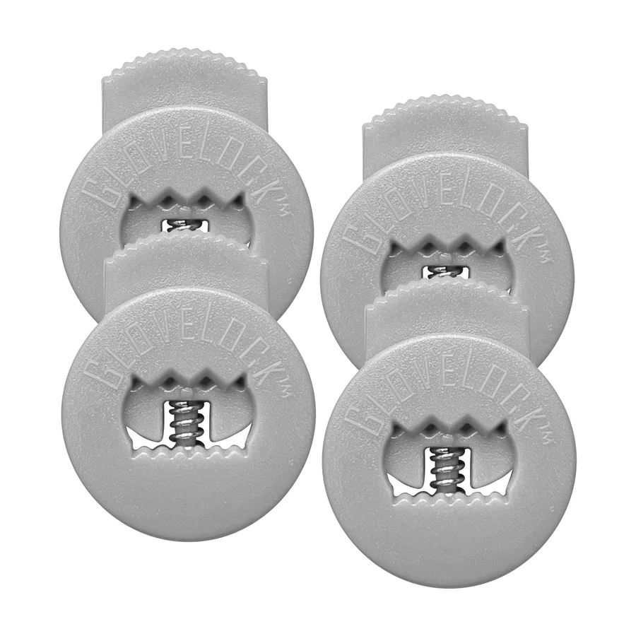 Four round, gray All Star GloveLock child safety locks (GL-4PACK) with visible center springs, embossed with GLOVELOCK. Perfect for keeping gloves tight or as lace lockers; comes in a convenient 4-pack by All Star.