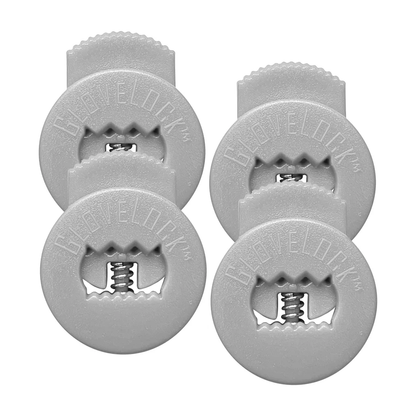 Four round, gray All Star GloveLock child safety locks (GL-4PACK) with visible center springs, embossed with GLOVELOCK. Perfect for keeping gloves tight or as lace lockers; comes in a convenient 4-pack by All Star.