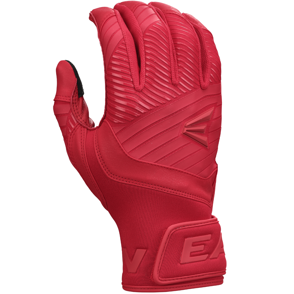 The Easton Walk Off Ethos Youth Batting Gloves (WO25YBG) by Easton feature a bright red design with textured backhand, a partially bent index finger, and a wrist strap with raised lettering, shown palm down on a white background.