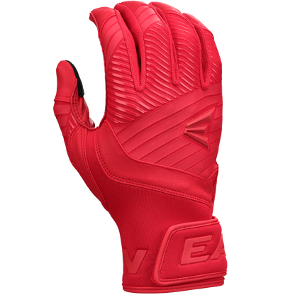 The Easton Walk Off Ethos Youth Batting Gloves (WO25YBG) by Easton feature a bright red design with textured backhand, a partially bent index finger, and a wrist strap with raised lettering, shown palm down on a white background.