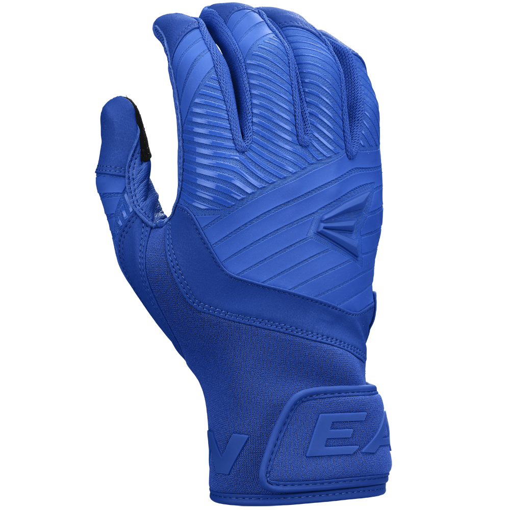 The Easton Walk Off Ethos Youth Batting Gloves (WO25YBG) feature textured, ribbed detailing and a Velcro wrist strap for durability and performance. Shown in blue by Easton on a white background.