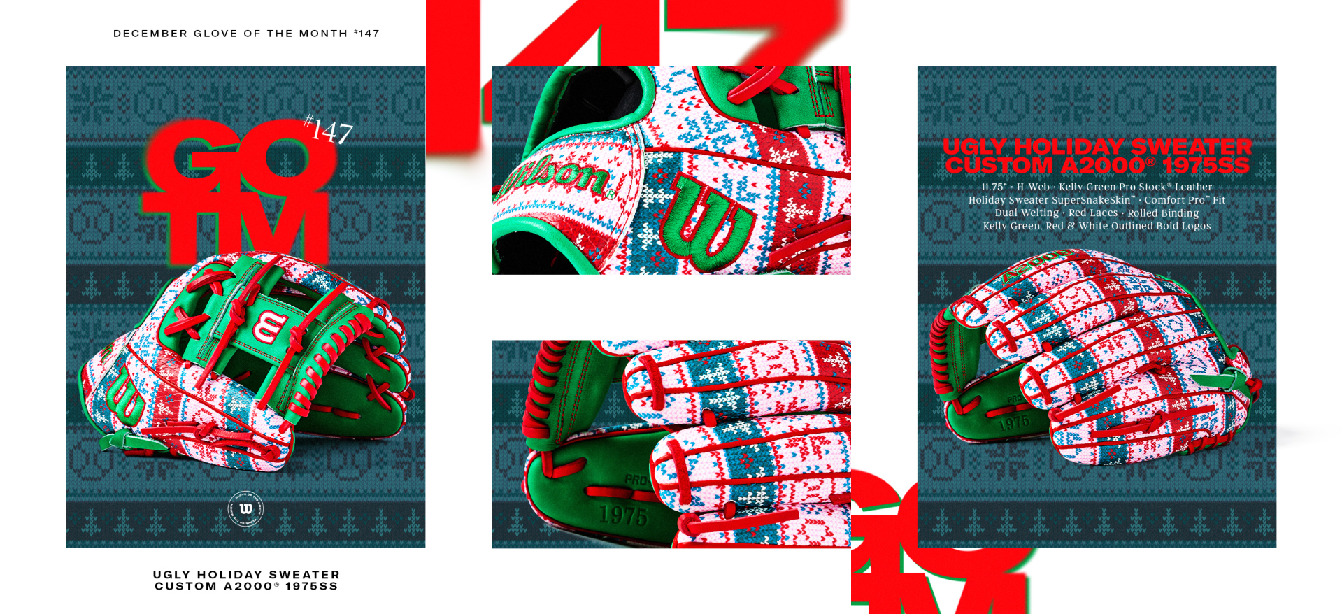 A baseball glove with a red, white, and blue holiday sweater pattern, green interior, and “Wilson” branding is shown from various angles. Text reads: GOAT Glove of the Month 147, Ugly Holiday Sweater Custom A2000® 1975SS.
