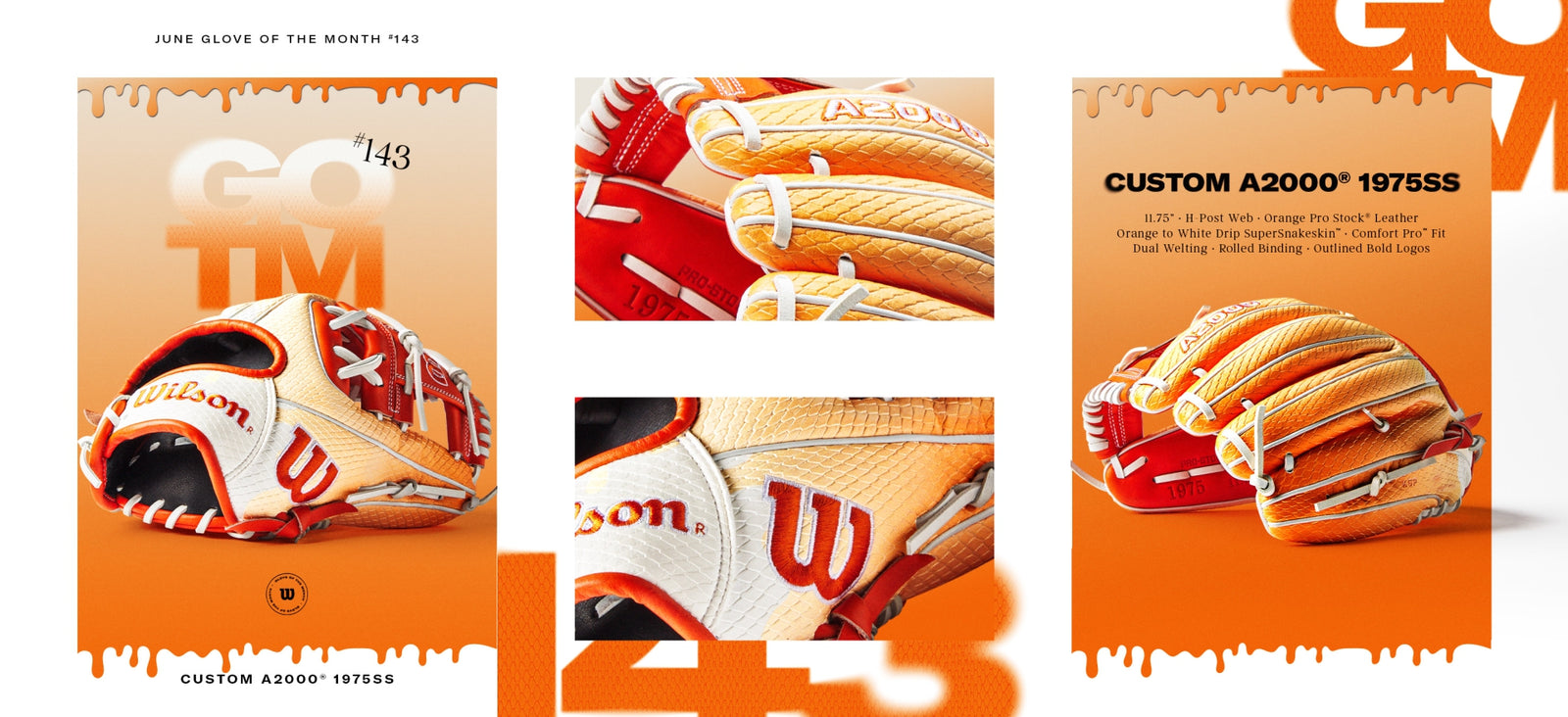 An orange and white Wilson A2000 1975SS custom baseball glove is shown from various angles, highlighting its details and logo. The design features dual welting, rolled binding, and outlined bold logos.
