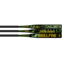 Three green and black 2-piece composite Pure Sports 2025 Hellfire X22 13″ Endload USA Slowpitch Softball Bats, featuring military-themed graphics and bold yellow PURE HELLFIRE text—ideal as ASA softball bats.