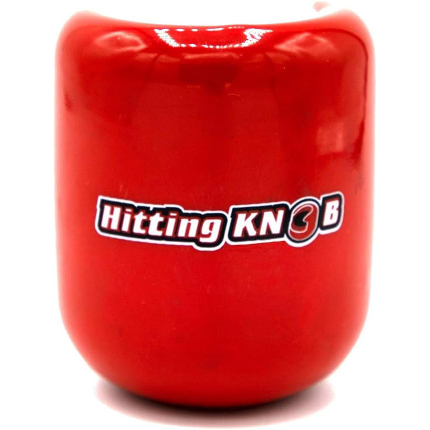 A bright red, cylindrical bat weight from Hitting Knob, featuring “Hitting KNOB” in bold white and black letters. Its glossy surface helps improve bat speed during practice.