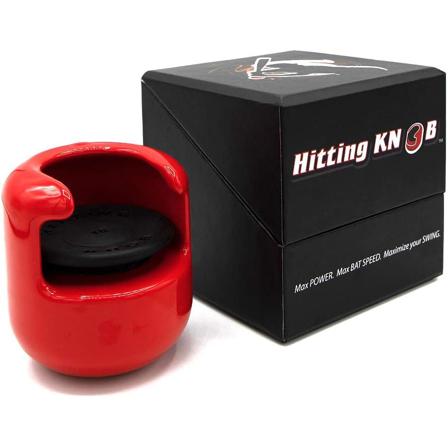 A red Hitting Knob Bat Weight by Hitting Knob sits beside its black box, which features the product name and phrases like Max POWER, Max BAT SPEED, and Maximize your SWING.