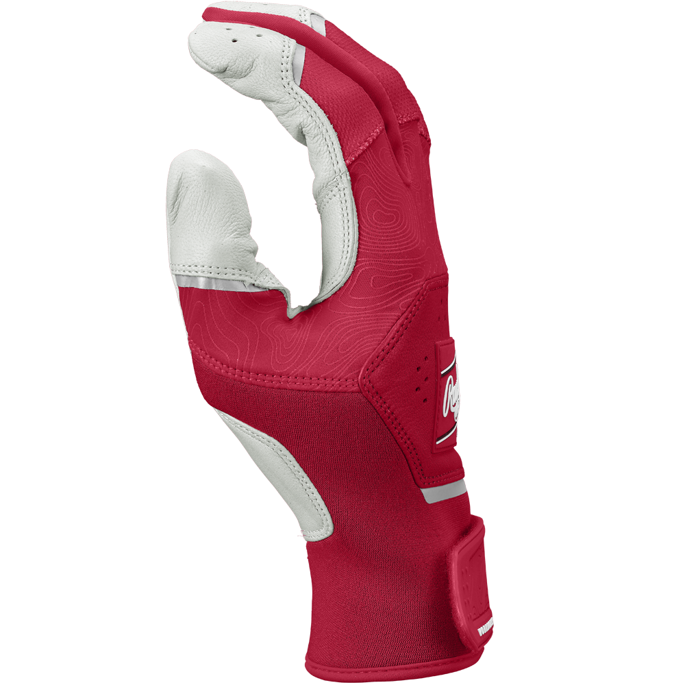 The Rawlings Workhorse Youth Batting Glove (WH25YBG) is displayed upright against a white background, featuring red and white colors, Oiltac leather, a Velcro strap, and partially bent fingers with the palm facing inward.