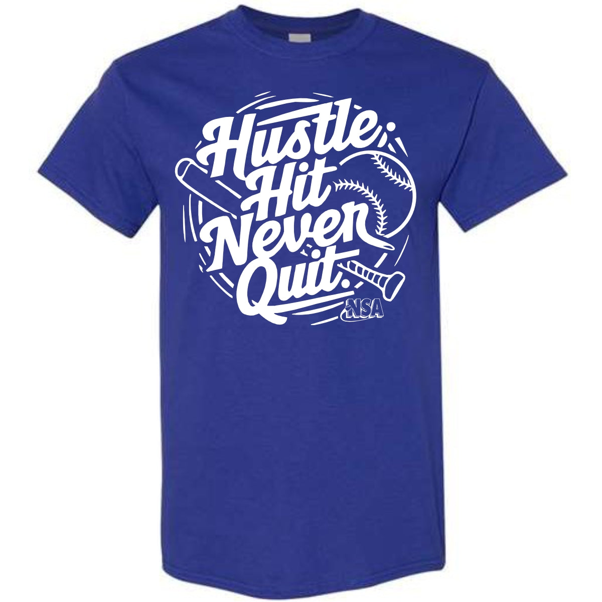 The DSG Apparel NSA Hustle Hit Never Quit Short Sleeve Shirt features bold white text and baseball graphics, making it ideal for National Softball Association fans and perfect as a softball shirt.