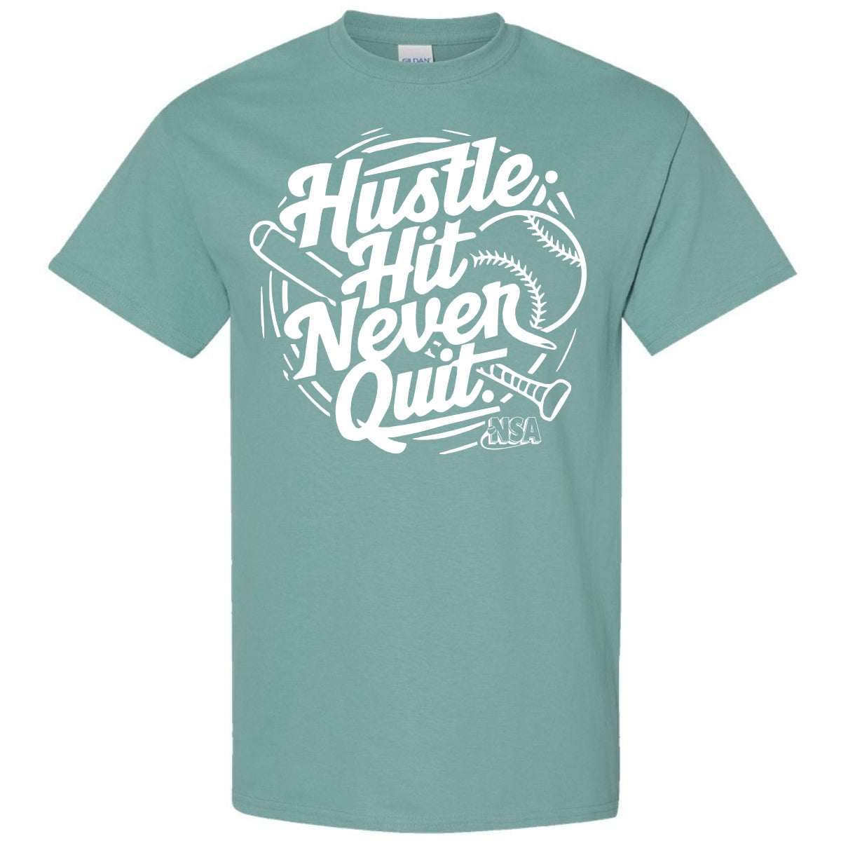 The DSG Apparel NSA Hustle Hit Never Quit Short Sleeve Shirt features bold white text, a baseball, bat, and home plate graphic—a perfect softball tee for National Softball Association fans.