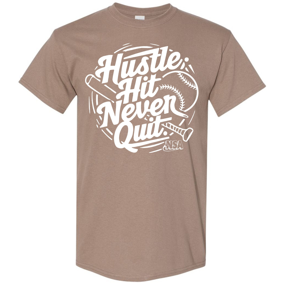 The DSG Apparel NSA Hustle Hit Never Quit Short Sleeve Shirt features bold white text and a baseball-themed design, making it perfect for National Softball Association fans, with “NSA” displayed at the bottom right.