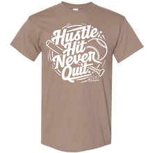 The DSG Apparel NSA Hustle Hit Never Quit Short Sleeve Shirt features bold white text and a baseball-themed design, making it perfect for National Softball Association fans, with “NSA” displayed at the bottom right.