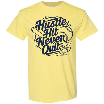 The NSA Hustle Hit Never Quit Short Sleeve Shirt by DSG Apparel features a bold dark blue "Hustle. Hit. Never Quit." graphic with softball-themed illustrations—perfect for National Softball Association fans.