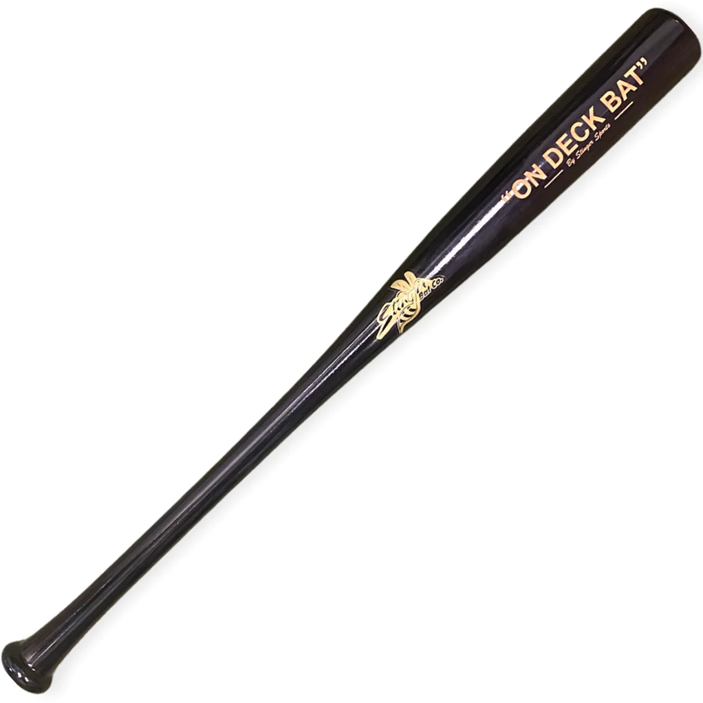 A Stinger Sports On Deck Overweight Training Wood Bat (ONDECK) with a black finish, gold logo, and "ON DECK BAT" printed on it is shown lying on a white background.