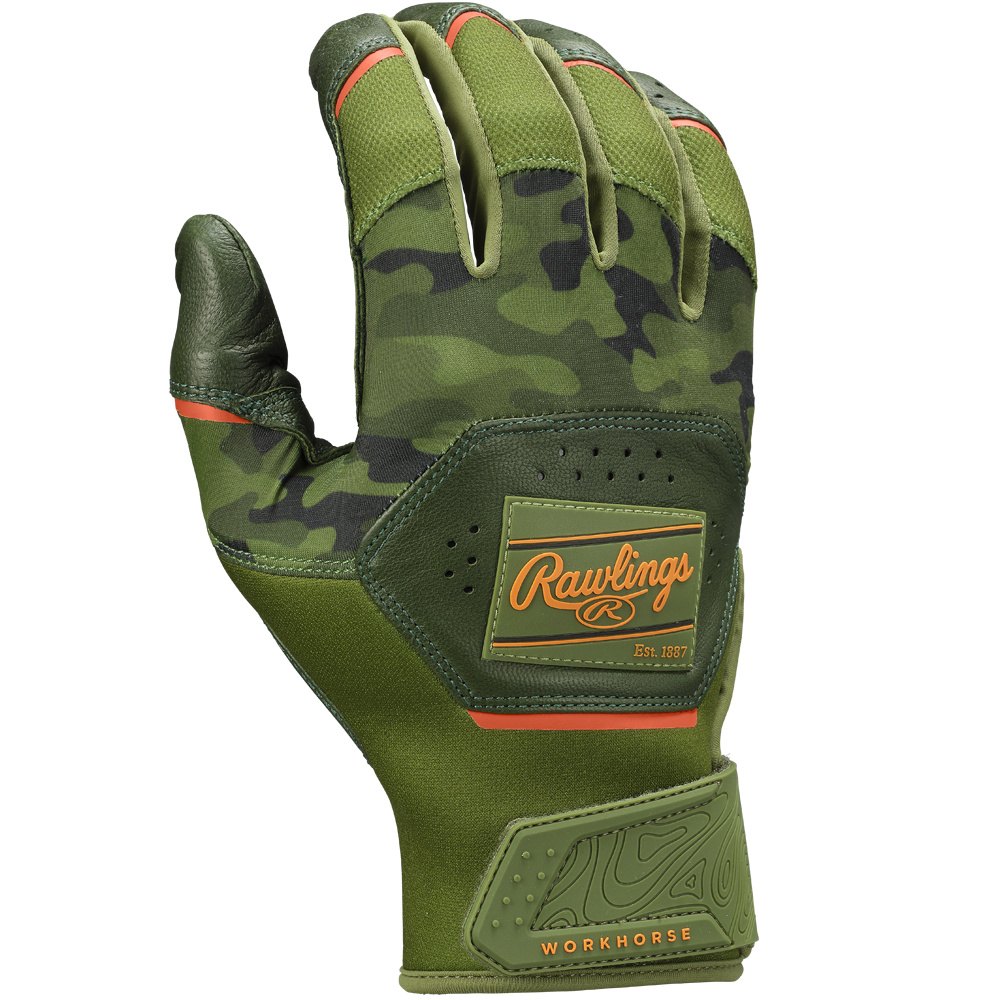 A green camouflage-patterned Rawlings Workhorse Adult Batting Glove (WH25BG) with orange accents, a Rawlings patch on the back, and WORKHORSE text near the wrist. Made from durable Oitac leather and shown palm-down on a plain background.
