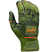 A green camouflage-patterned Rawlings Workhorse Adult Batting Glove (WH25BG) with orange accents, a Rawlings patch on the back, and WORKHORSE text near the wrist. Made from durable Oitac leather and shown palm-down on a plain background.