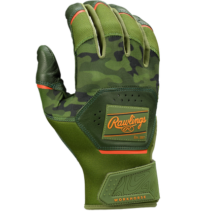 A green camouflage-patterned Rawlings Workhorse Adult Batting Glove (WH25BG) with orange accents, a Rawlings patch on the back, and WORKHORSE text near the wrist. Made from durable Oitac leather and shown palm-down on a plain background.
