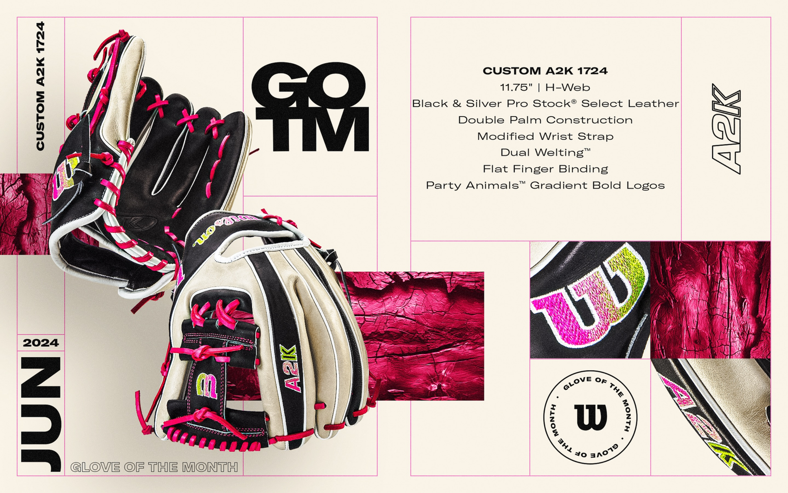 A baseball glove with black, silver, and tan leather, pink laces, and gradient bold logos is featured on a modern promo design titled Glove of the Month for June 2024. Specs and Wilson branding appear alongside the glove.