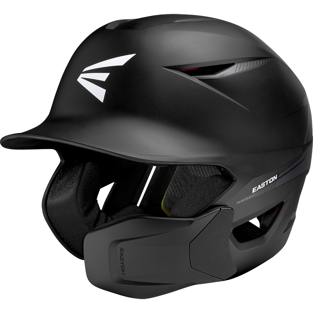 The Easton Multi-Adjust Jaw Guard (MULTIADJG) is a matte black Easton helmet accessory with a protective face guard, vented sides, short brim, jaw guard for safety, and the white Easton logo on front and side.