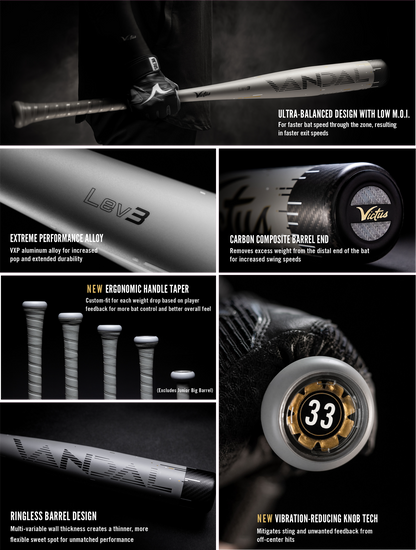 A collage of images and text highlights the 2024 Victus Vandal Lev3 (-5) USSSA bat, showcasing its balanced build, alloy construction, carbon composite end cap, ergonomic grip, ringless barrel, and vibration-reducing knob.