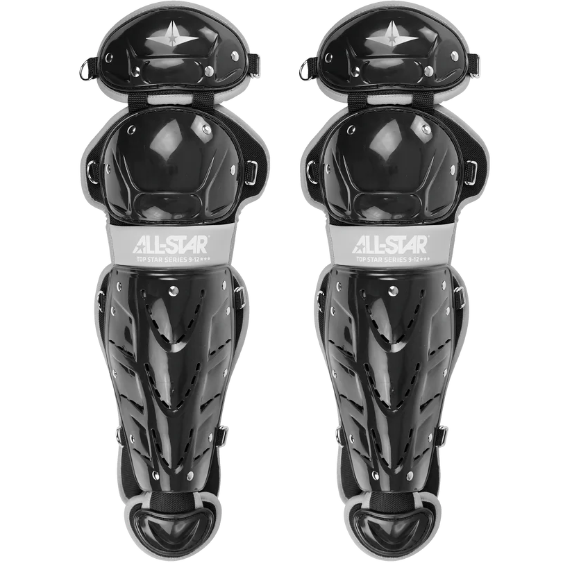 The All Star Top Star Catcher's Leg Guards: LG-TS offer youth players black double-knee protection with multiple vents, silver rivets, and adjustable straps—ideal for reliable knee and shin safety on the field.