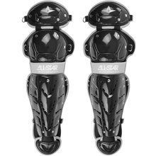 The All Star Top Star Catcher's Leg Guards: LG-TS offer youth players black double-knee protection with multiple vents, silver rivets, and adjustable straps—ideal for reliable knee and shin safety on the field.