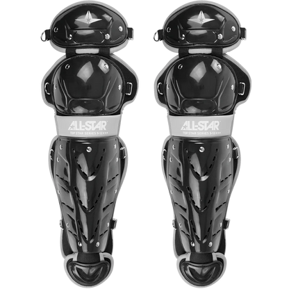 The All Star Top Star Catcher's Leg Guards: LG-TS offer youth players black double-knee protection with multiple vents, silver rivets, and adjustable straps—ideal for reliable knee and shin safety on the field.